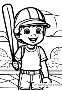 Happy boy holding a baseball bat and wearing a baseball helmet.