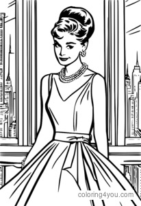 Holly Golightly con un vestido amarillo y un collar de perlas