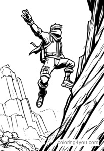 Coloring page of Ninja jumping off cliff in Fortnite