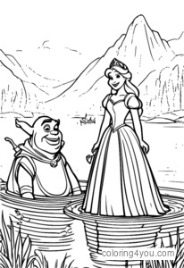 Shrek and Fiona's Swimming Coloring Pages