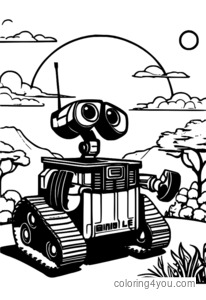 WALL-E in Eve stojita skupaj v čudoviti pokrajini s sončnim zahodom v ozadju