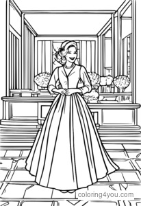 Coloring page of a blackjack dealer at a wedding reception surrounded by decorations