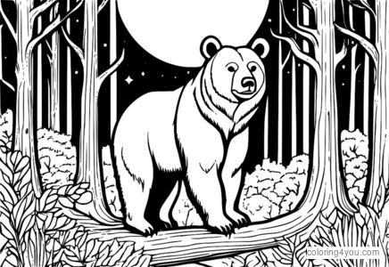 Bear standing at the entrance of a forest, under the light of the full moon.