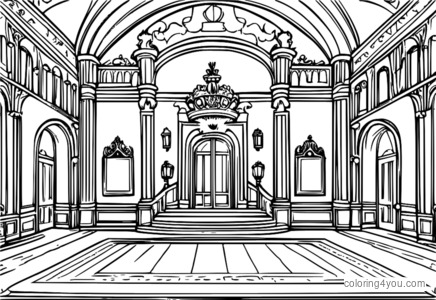 Coloriage d'armoiries royales dans une grande salle de bal, à l'intérieur d'un château royal.