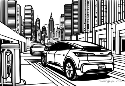 Illustration of an electric car charging at a green charging station with a cityscape