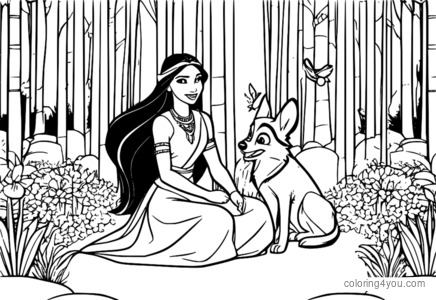 Pocahontas ve Meeko çiçek bahçesi boyama