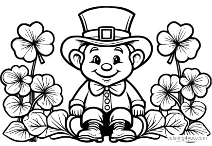 Smiling leprechaun sitting on top of a giant four-leaf clover