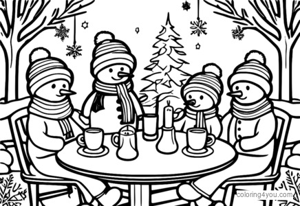 Groupe de bonhommes de neige assis autour d'une table avec des tasses de chocolat chaud, entourés de flocons de neige et d'une bougie rouge vif