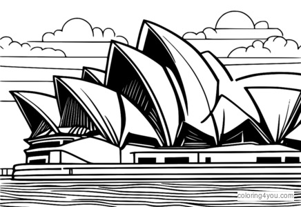 Coloring page of the Sydney Opera House with swirling patterns