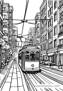 Coloring page of a cityscape with trolley cars