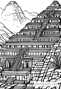 Inca city coloring page with stone walls