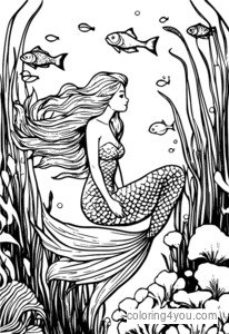 Mermaid għawm permezz tal-kelp u l-alka fid-dinja taħt l-ilma