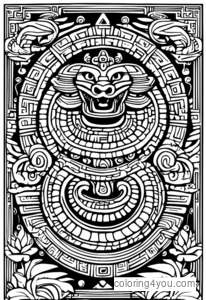 Coloring page of a Mayan serpent coiled around a pyramid with jade and obsidian decorations