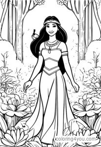 Pocahontas மற்றும் Meeko மலர் தோட்டம் வண்ணமயமான பக்கங்கள்