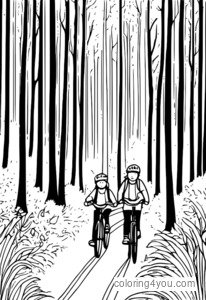 Una famiglia di tre persone va in bicicletta attraverso una foresta