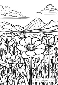 Dibujo para colorear de un jardín de flores en primavera con flores de colores