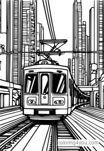 A realistic image of electric trains driving through a city.