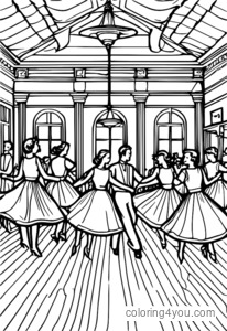 Vintage dance hall with swing dancers coloring page