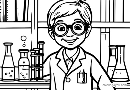 Child in lab coat holding test tube with chemical reaction and big smile