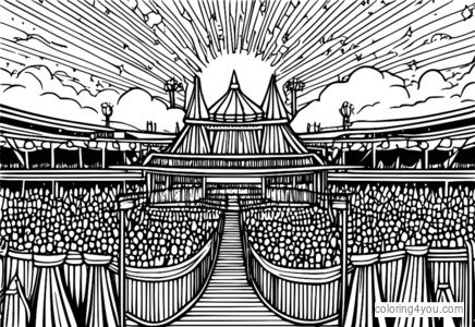 A vibrant illustration of a Glastonbury festival stage