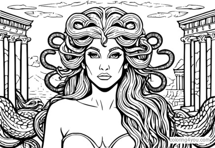 Medusa, el monstruo con pelo de serpiente, parada fuera del Partenón con serpientes enredadas en su pelo.