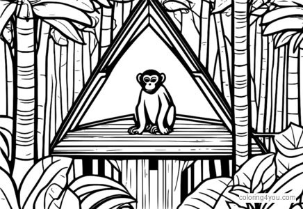 Colorida ilustración de un mono en una casa en un árbol en lo alto del dosel de la selva