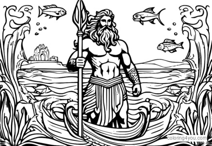 Poseidon holding his trident, surrounded by sea creatures on a coloring page