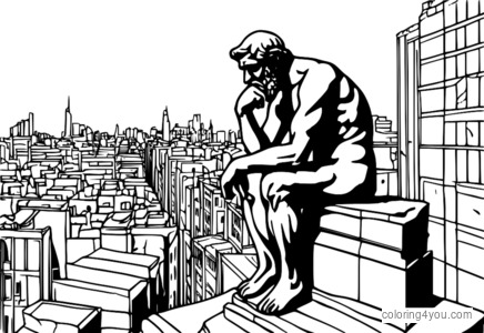 Pangkulay na pahina ng Rodin's The Thinker sa gitna ng nasirang cityscape