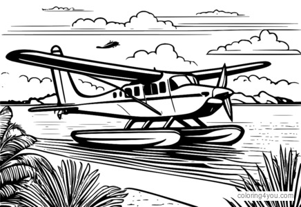 Coloring page of a seaplane landing on a tropical island in a serene paradise.