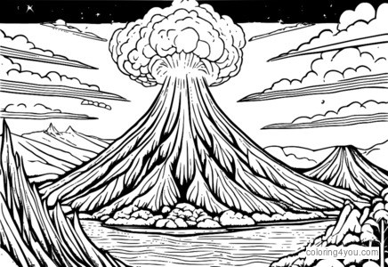 Página para colorir de uma erupção vulcânica, com fluxos de lava e nuvens de cinzas