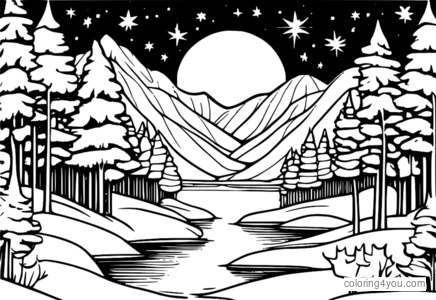 Winter wonderland scene with a starry sky