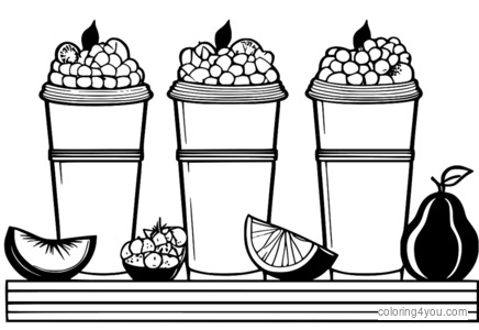 Coloring picture of yogurt cups with fruits