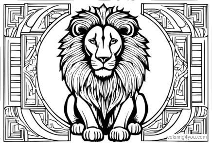 Coloring page of a zodiac lion with geometric patterns