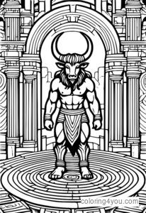 Ang maringal na nasa hustong gulang na Minotaur na nakatayo sa makulay na Labyrinth.