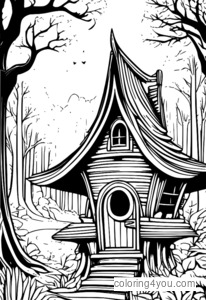 Baba Yaga's hut on chicken legs with a fairy tale princess in a misty forest