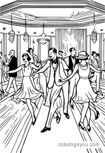 Coloring page of people dancing the Charleston in a 1920s nightclub.