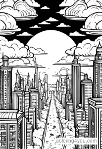 Coloring page of fantasy floating city in cloudy skies