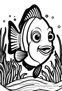 Coloring page of a clownfish standing on its fins, smiling at the viewer.