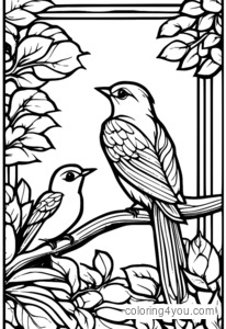 Dibujo para colorear de pájaros en una selva tropical.