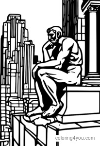 Coloring page of Rodin's The Thinker amidst ruined cityscape