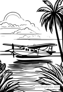 Coloring page of a seaplane landing on a tropical island in a serene paradise.