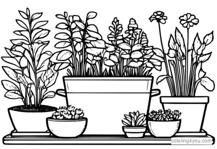 Detailed herb garden coloring page with aromatic herbs hanging to dry.