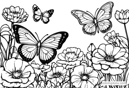 Colorful butterflies surrounded by blooming flowers in a lush garden