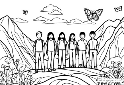 The Eight Immortals standing on the mountain with butterflies