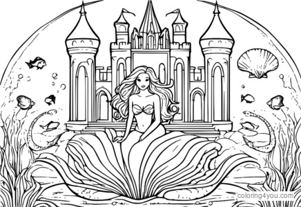 Underwater castle with mermaid sitting on seashell throne