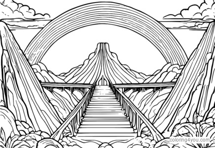 Halaman mewarna jambatan bifrost, mitologi Norse, pelangi, tuhan