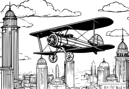 A steampunk-inspired biplane flying over a foggy city with brass accents