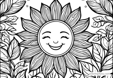 Design caprichoso de folhas ao redor de um sol sorridente.