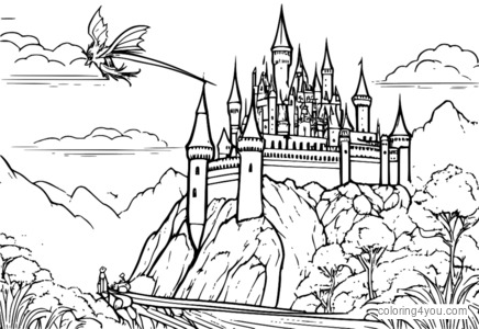 Wizard flying on broomstick in front of castle with sunset view