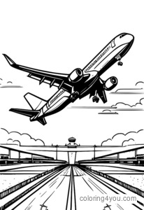 Coloring page of a commercial airliner approaching the runway